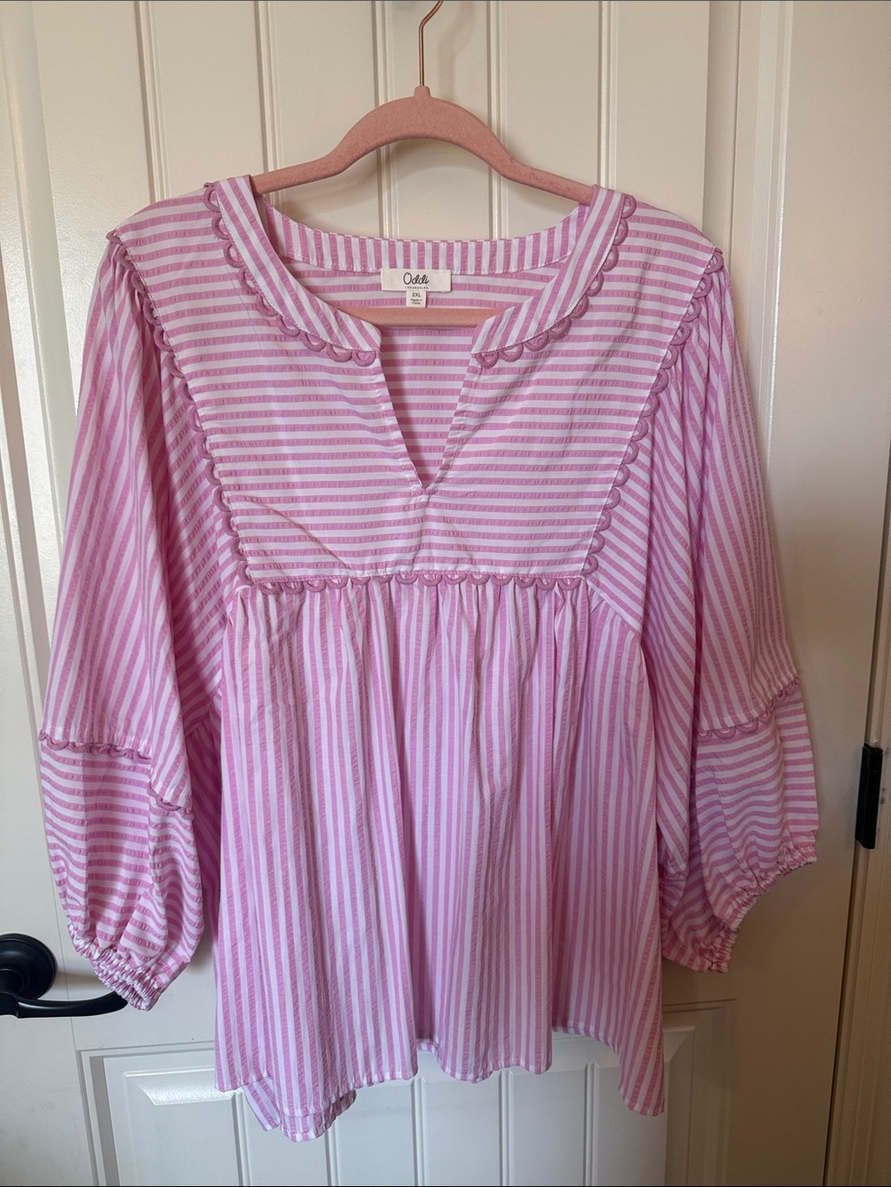 Oddi Pink & White Striped Peasant Babydoll Top - Women's
